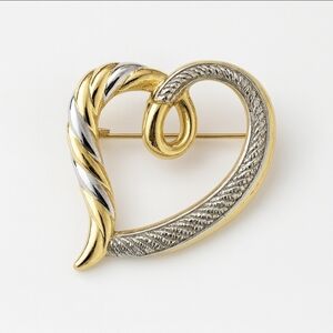 Vintage 2 Tone Heart Brooch Gold & Silver Textured Pin Classic Romantic Jewelry